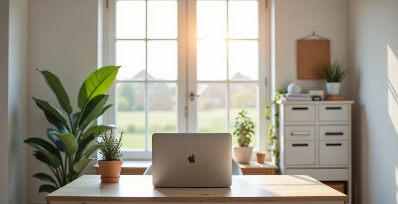 Bureau d'exploitation agricole avec espace de travail épuré et organisé