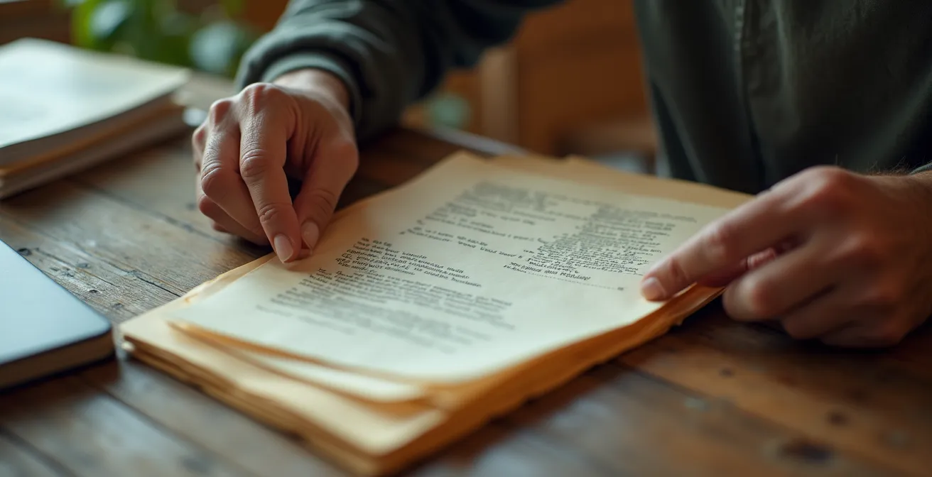 Mains d'agriculteur organisant méthodiquement des documents dans un classeur