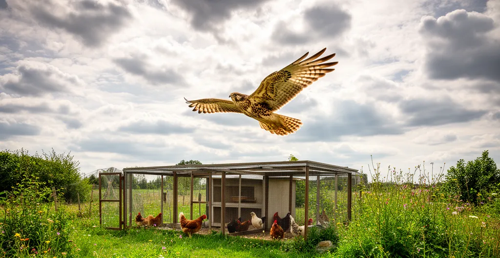 Buse variable planant au-dessus d'un jardin avec poulailler visible