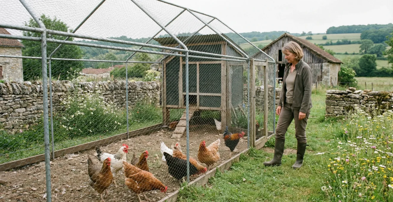 Enclos poulailler avec toit grillagé et poules picorant sous la protection