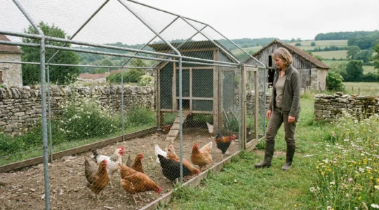 Enclos poulailler avec toit grillagé et poules picorant sous la protection