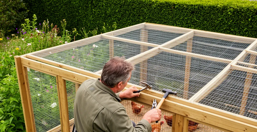 Personne installant un grillage de toit sur enclos poulailler