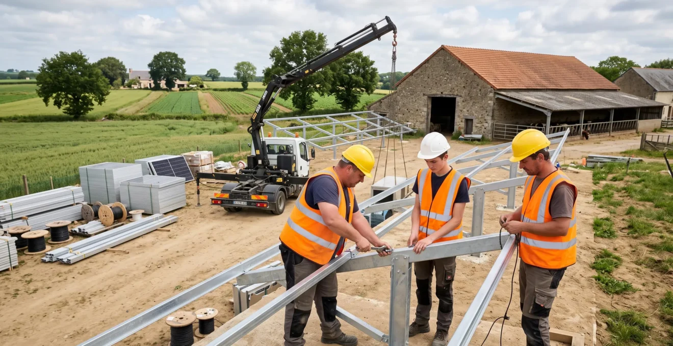 Chantier de construction d'installation agri-énergétique : ouvriers en équipement de sécurité assemblant structures métalliques, engins de chantier et bâtiments agricoles en arrière-plan