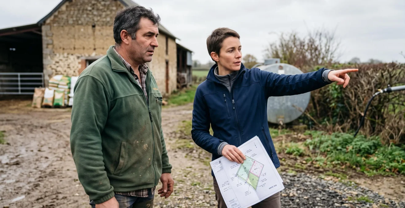 Exploitant agricole et conseiller technique en discussion de travail terrain devant bâtiment agricole, examen de documents de projet agri-énergétique