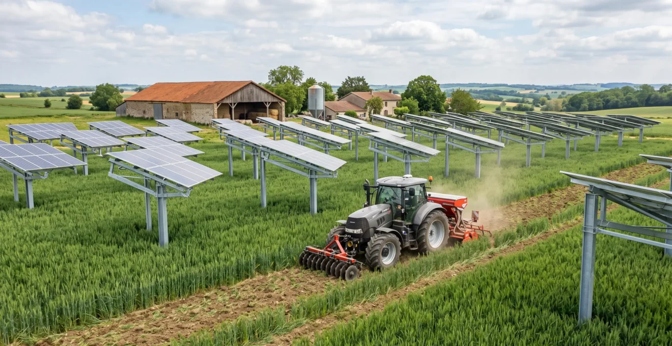 Installation agrivoltaïque sur exploitation agricole : panneaux photovoltaïques surélevés au-dessus d'une parcelle de céréales en croissance, tracteur en activité, bâtiments agricoles et paysage rural français en arrière-plan
