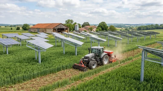 Installation agrivoltaïque sur exploitation agricole : panneaux photovoltaïques surélevés au-dessus d'une parcelle de céréales en croissance, tracteur en activité, bâtiments agricoles et paysage rural français en arrière-plan