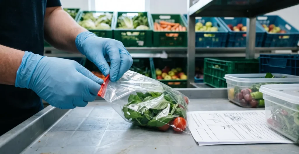 Gants propres tenant un sachet de prélèvement végétal scellé, avec fiche de traçabilité non renseignée lisiblement. Gants propres tenant un sachet de prélèvement végétal scellé, avec fiche de traçabilité non renseignée lisiblement.